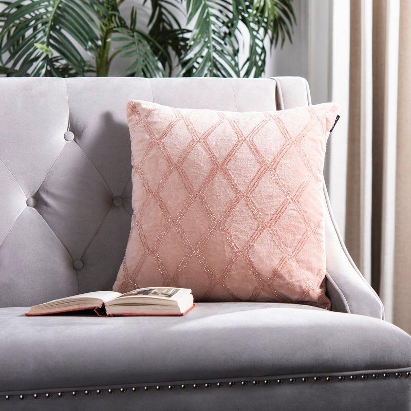 Blush Pink Embroidered Velvet Square Throw Pillow