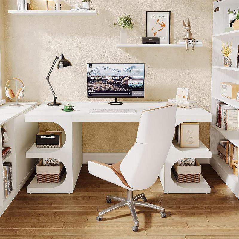 Ivy Bronx 62" White Computer Desk For Home Office, Modern Executive Office Desk with  Storage Shelves