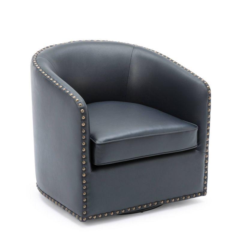 Midnight Blue Faux Leather Transitional Barrel Swivel Accent Chair