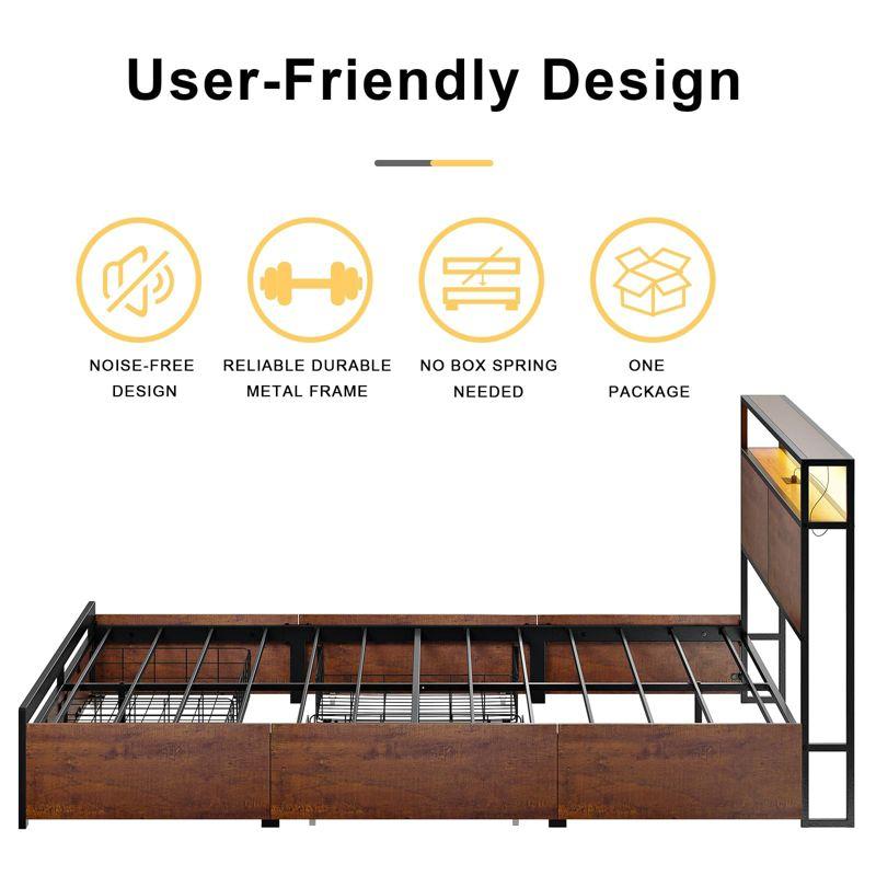 Hausource Modern Queen Bed Frame with LED Headboard, 4 Storage Drawers, No Box Spring Needed