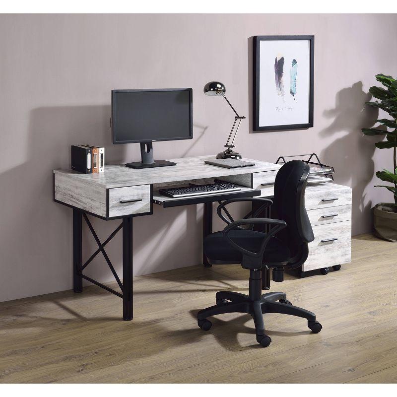 Distressed Antique White and Black Metal Framed Writing Desk with Drawers and Keyboard Tray