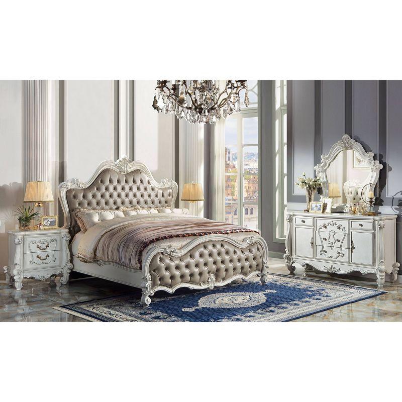 Versailles Vintage Gray Queen Bed with Tufted Upholstery and Nailhead Trim