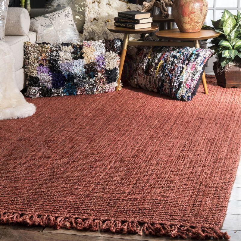 Nuloom 6x9 Daniela Jute Tassel Hand Woven Indoor Area Rug, Brick, Solid Chunky Farmhouse Design, Natural Fiber BedroomLiving Room