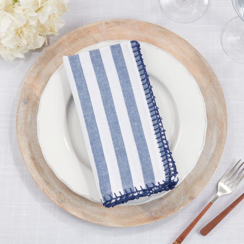Saro Lifestyle Lively Pompom Border Striped Cotton Napkin (Set of 4), Blue, 20"x20"