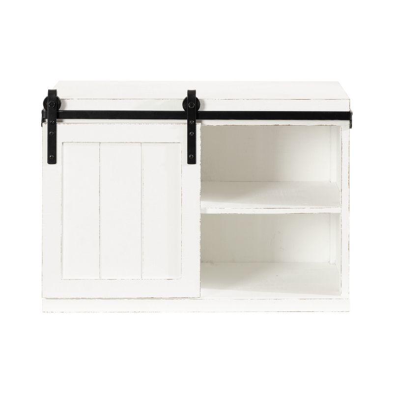 White Wood Floating Side Table with Sliding Barn Door