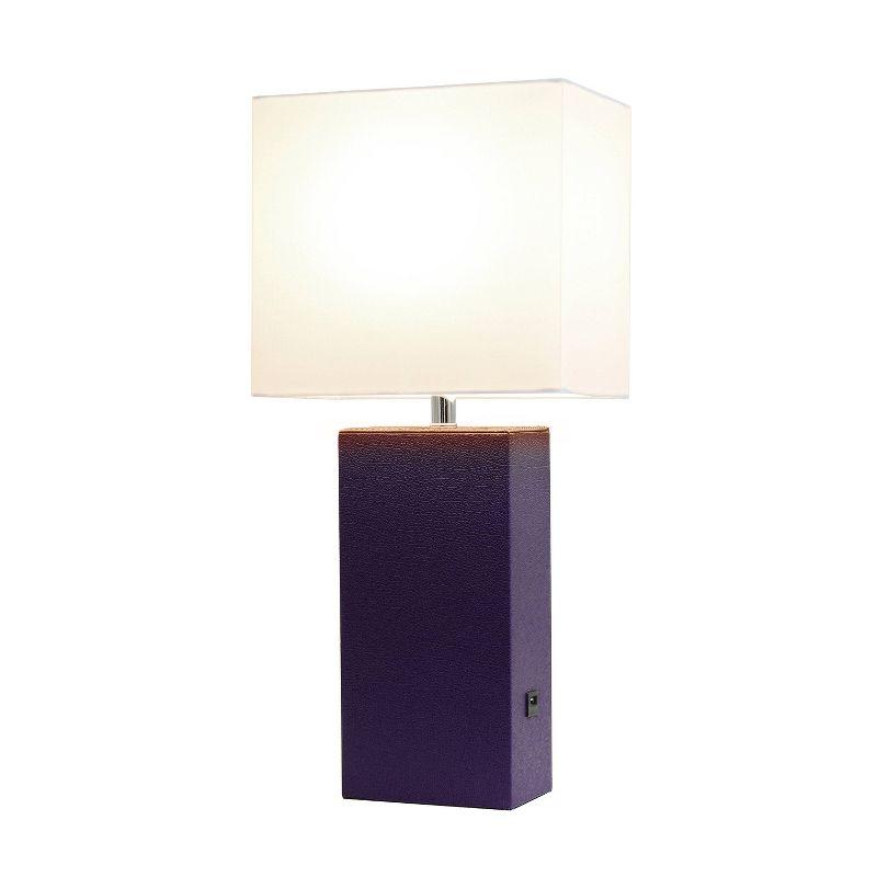 Modern Leather Table Lamp with USB and Fabric Shade Eggplant - Elegant Designs: No Assembly, UL Listed