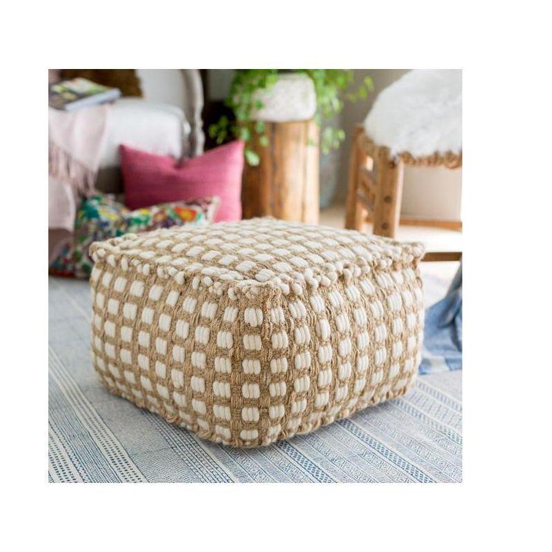 Natural Fiber White and Beige Woven Pouf