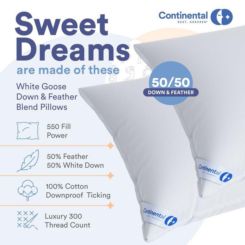 Continental Bedding 50% White Goose Down and 50% White Goose Feather Blend - King Size Pillow - Set of 2