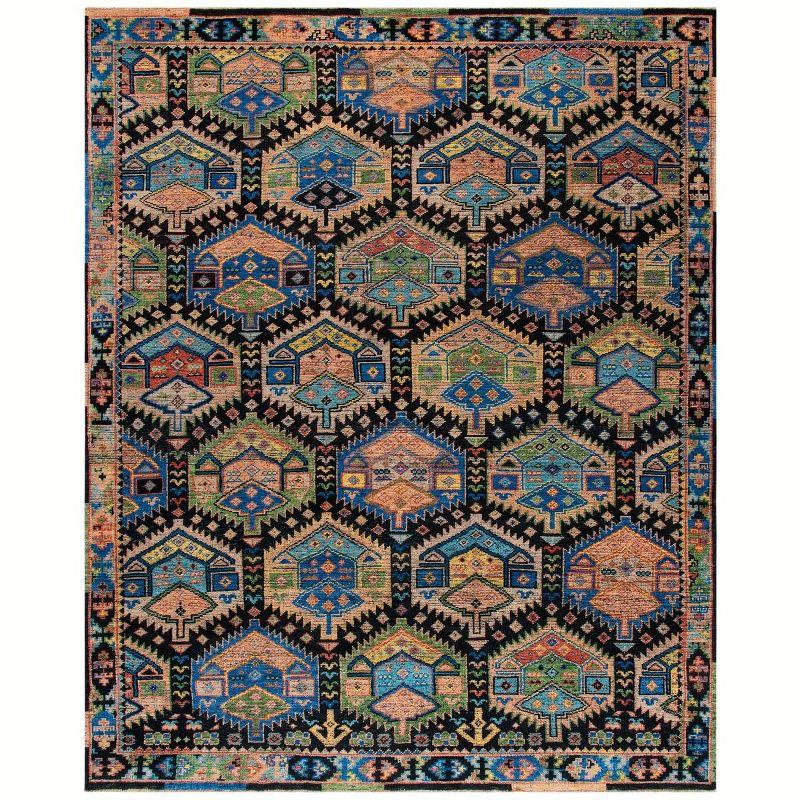 Luxuriant Blue Geometric Hand-Knotted Wool 6' x 9' Area Rug