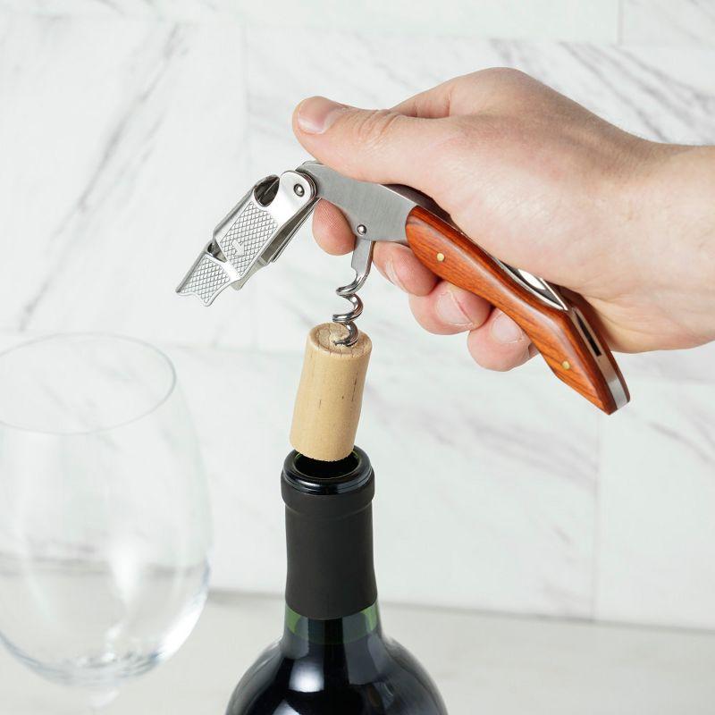 True Sommelier Waiter Corkscrew Spring Loaded Double Lever Wine Opener Waiters Bartender Accessory, Stainless Steel and Wood, Set of 1
