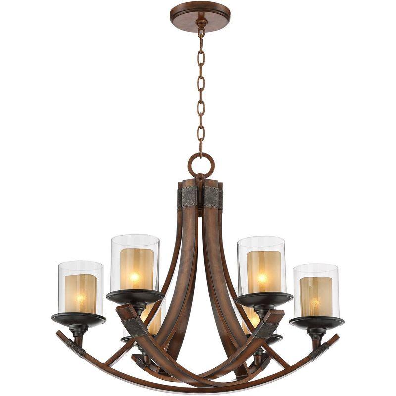 Franklin Iron Works Mahogany Wood Finish Chandelier 27 1/2" Wide Rustic Curving Clear Outer Scavo Inner Glass 6-Light Fixture Dining Room