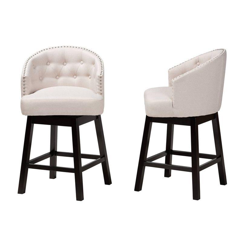 2pc Theron Fabric and Wood Swivel Counter Height Barstools Set Beige/Espresso Brown - Baxton Studio: Upholstered, Rubberwood Frame, Fixed Height
