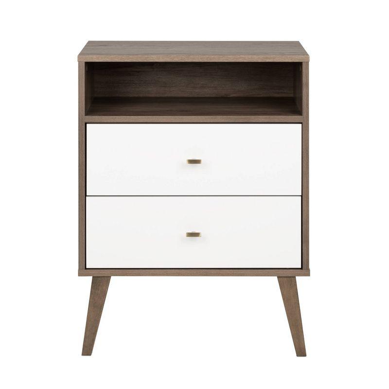 Milo Mid Century Modern 2 Drawer Tall Nightstand: Brass Knobs, Wood Legs - Prepac