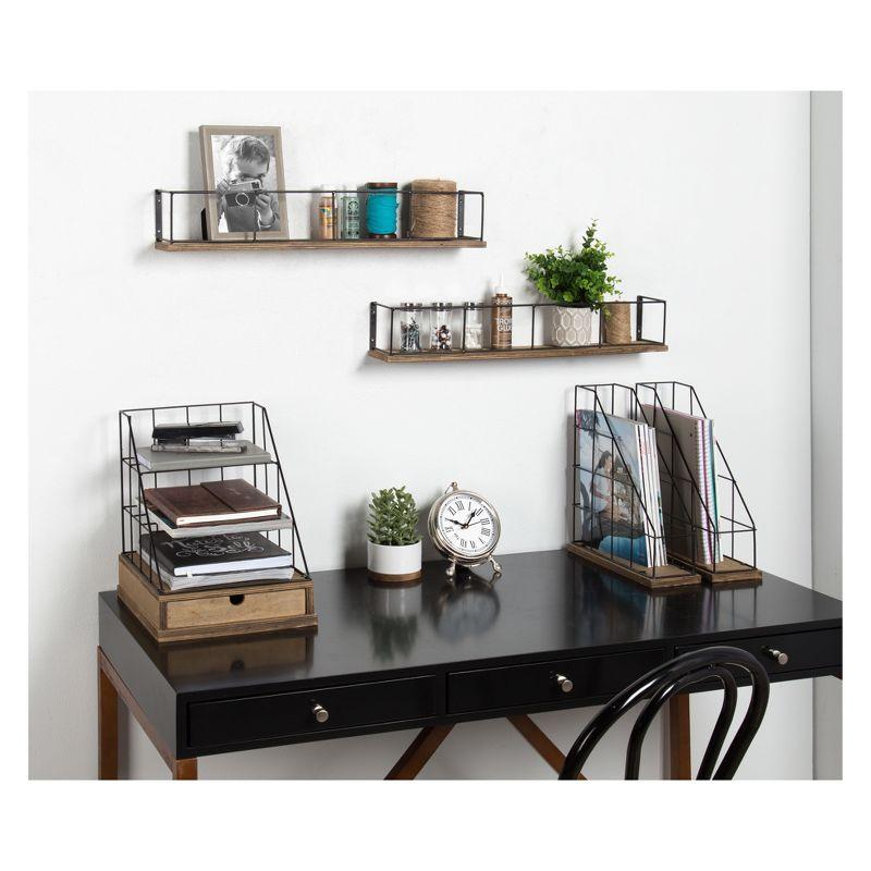 24" Rustic Brown and Black Wood & Metal Floating Wall Shelf Set