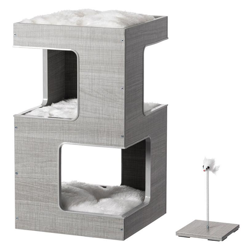 Gray Multi-Level Modern Cat Tower with Soft Faux Fur Cushions