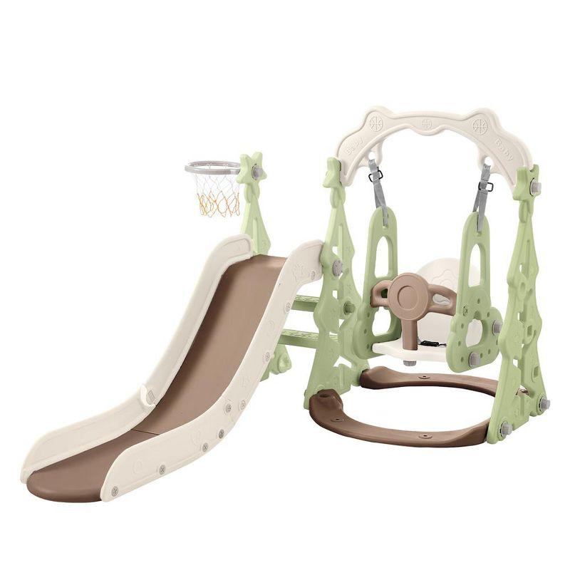 Toddler Slide And Swing Set 3 In 1, Freestanding Climber Swing Slide Playset With Basketball Hoops, Indoor And Outdoor Playground