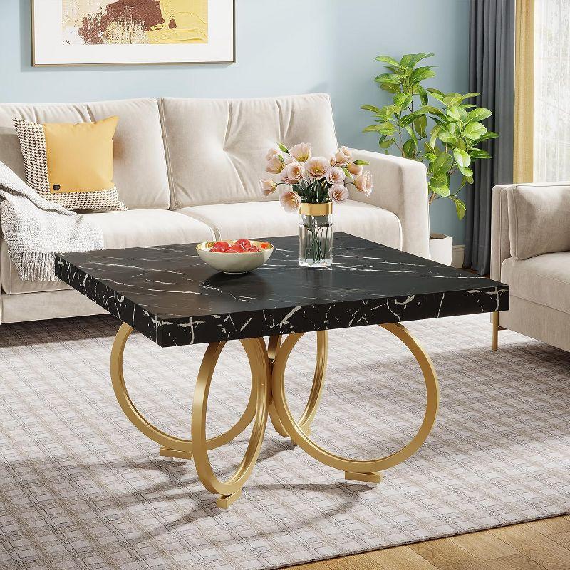 31.5" Black Faux Marble Square Coffee Table with Gold Geometric Base