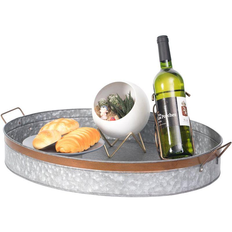 Large Gray Galvanized Metal Oval Rustic Serving Tray with Handles