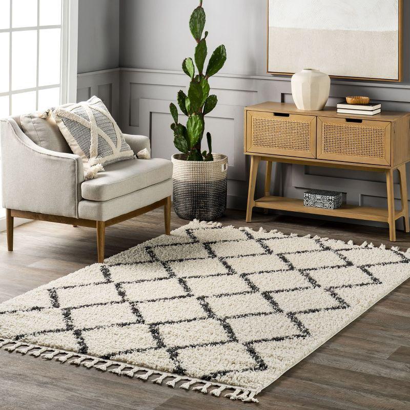 Ivory Diamond Trellis Shag Area Rug with Tassels, 2' x 3'