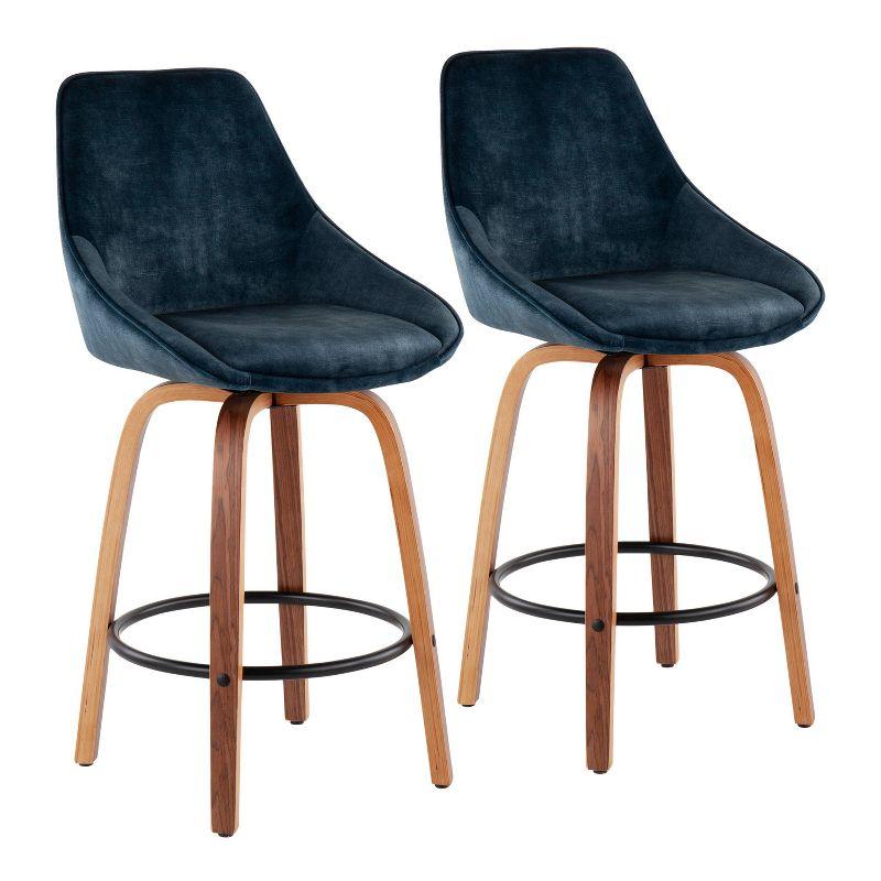 Modern Swivel Diana 25" Counter Stool in Blue Velvet with Walnut Legs