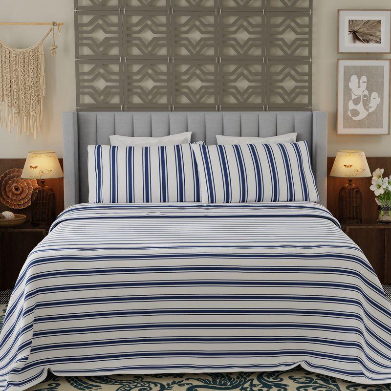 Color Sense Percale Weave Cool & Crisp Cotton Rich Sheet Set, King, Navy Stripe, 4 piece