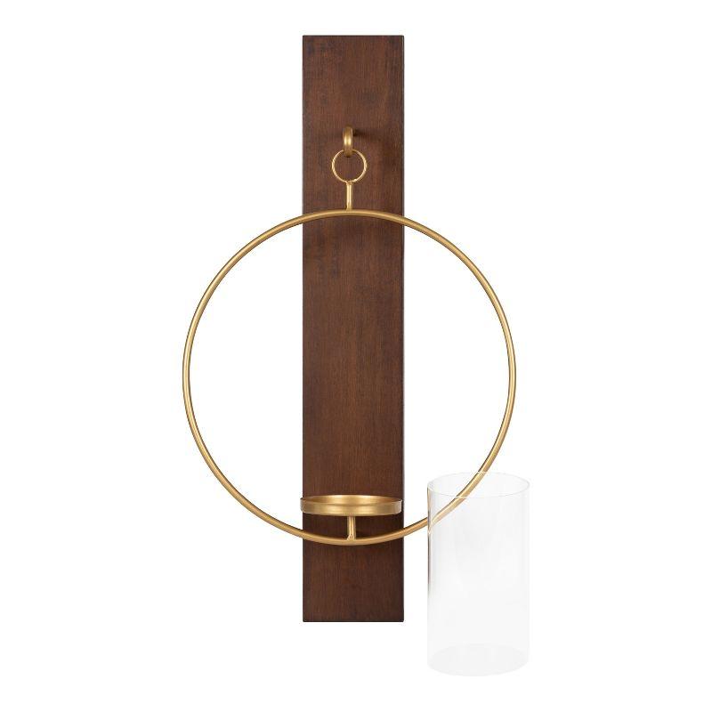 Maxfield 23.8" Rustic Walnut Wood & Gold Metal Wall Sconce