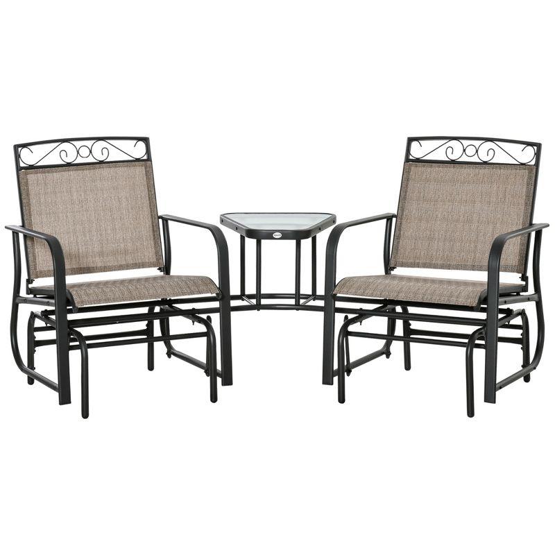 Outsunny Outdoor Glider Chairs with Coffee Table, Patio 2-Seat Rocking Chair Swing with Breathable Sling for Backyard, Garden and Porch, Brown