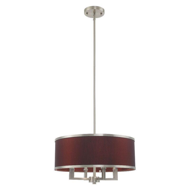 Brushed Nickel Mini Drum 4-Light Pendant with Red Wine Fabric Shade