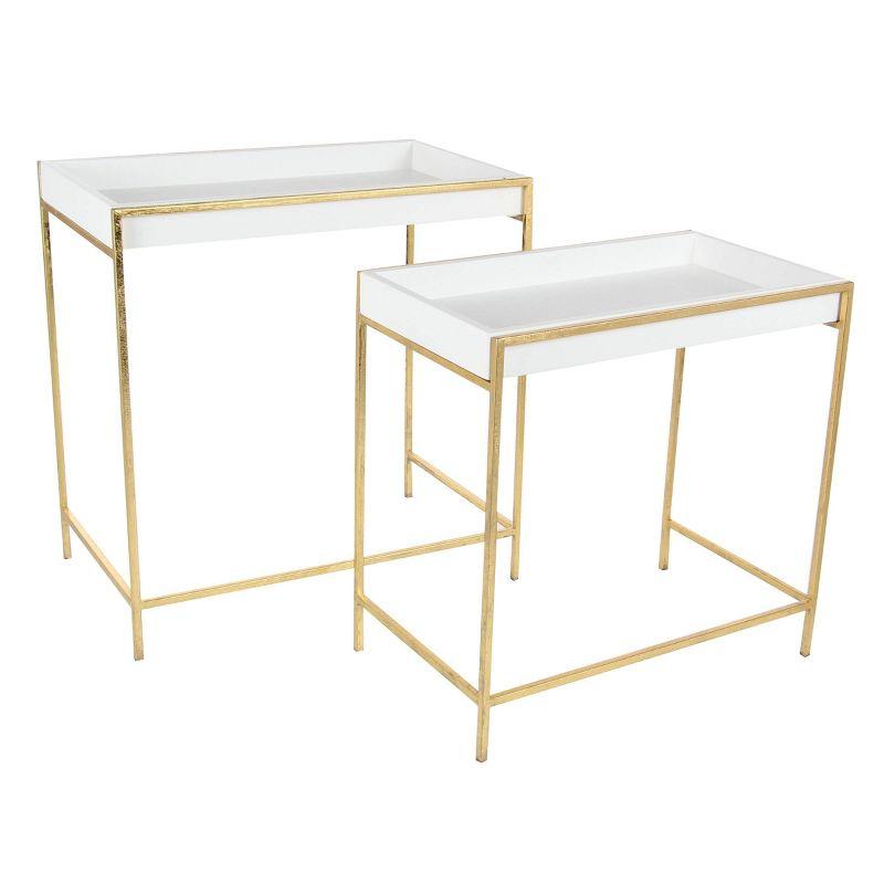 Mercer41 Blaine Wooden Nesting Tray Top Geometric Side End White Accent Table with Gold Metal Legs Set