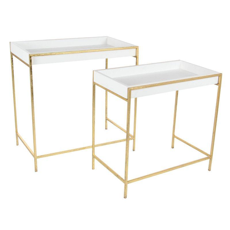 Blaine Wooden Nesting Tray Top Geometric Side End White Accent Table with Gold Metal Legs Set