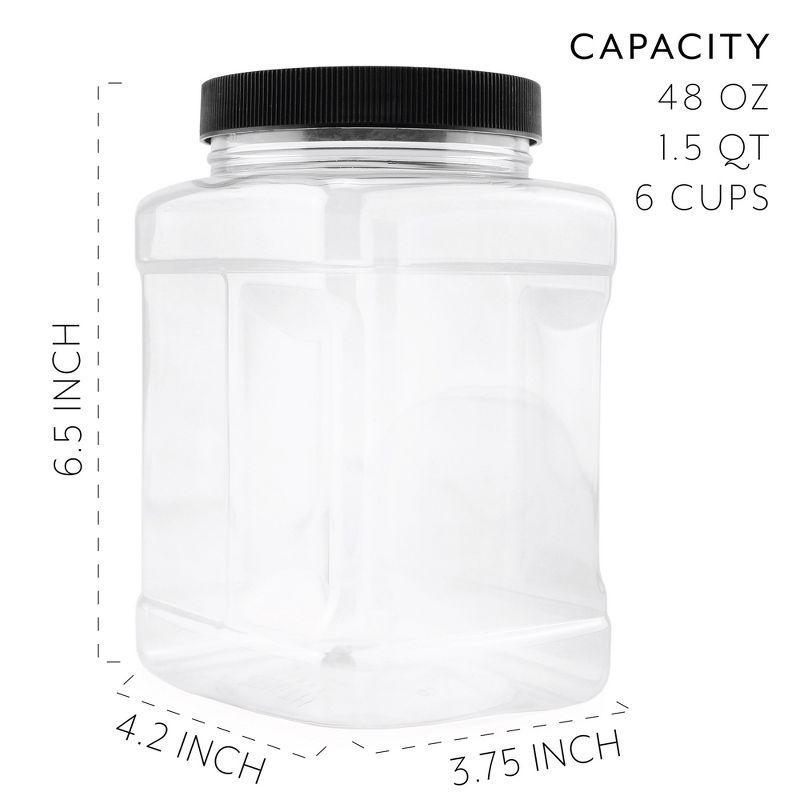 Cornucopia Brands 48oz Square Plastic Jars 3pk; Clear Rectangular 6-Cup Canisters w/ Black Lids, Easy-Grip Side
