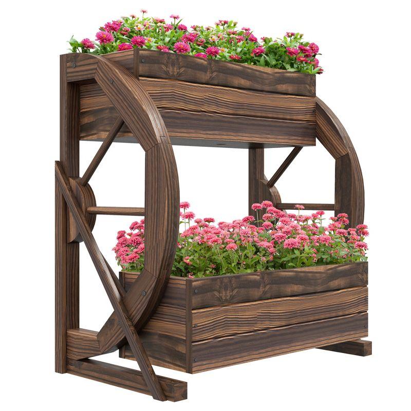 Rustic Dark Brown Wooden Wagon Wheel Planter Box