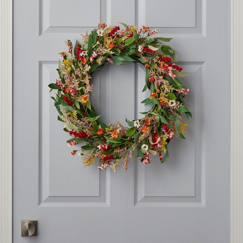 Christmas Raya 26in Wreath, w/ Artificial Narrow Leaf Eucalyptus, Wild Daisy, Larkspur, & Limonium