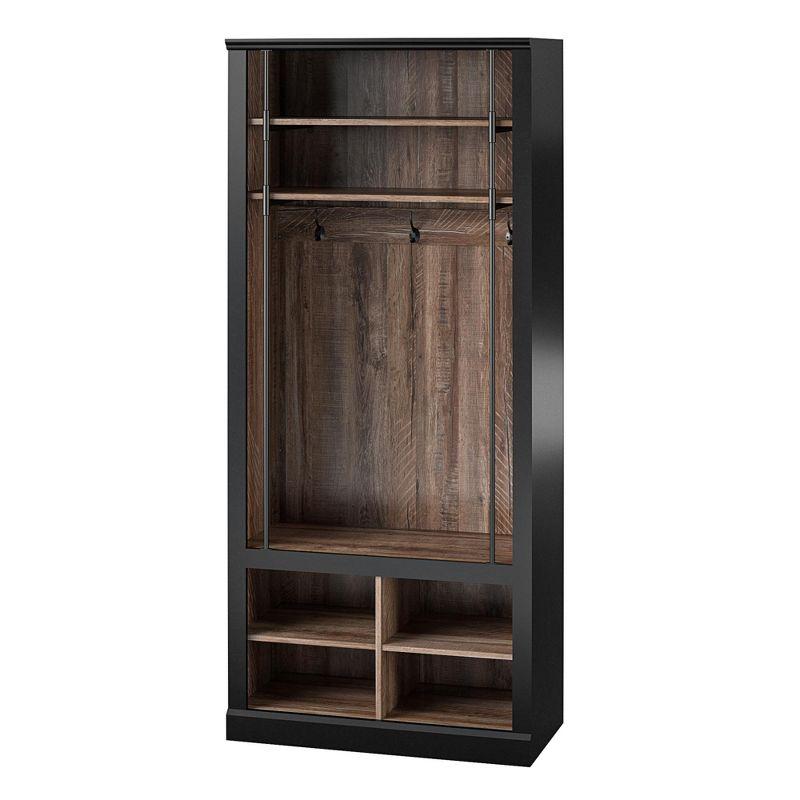 Ameriwood Home Hoffman Entryway Hall Tree with Bench and Storage Cubbies, Black and Walnut