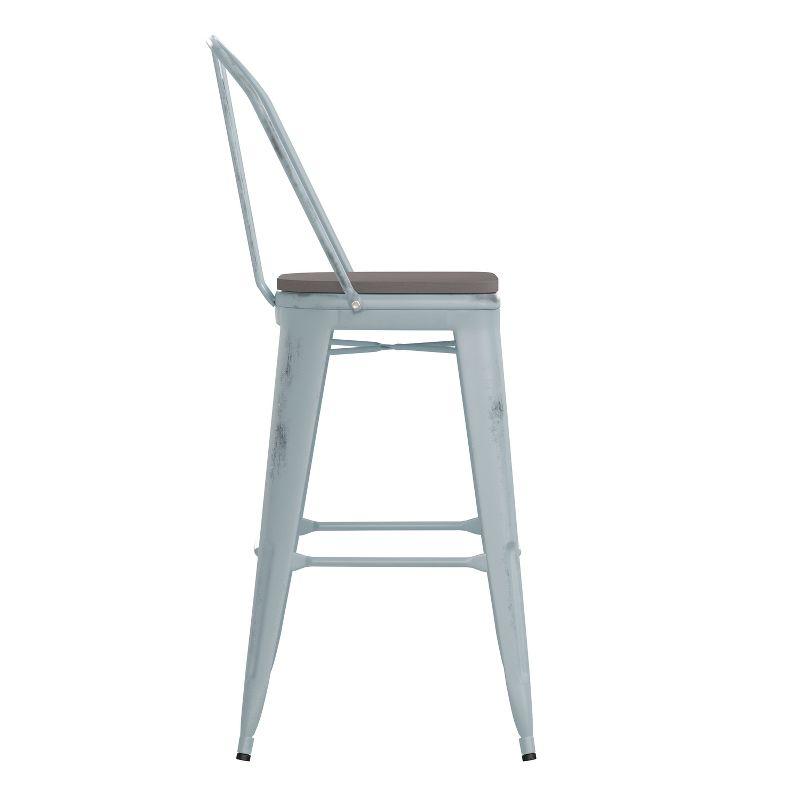 Flash Furniture Carly Commercial Grade 30" High Green-Blue Metal Indoor-Outdoor Barstool with Back with Gray Poly Resin Wood Seat