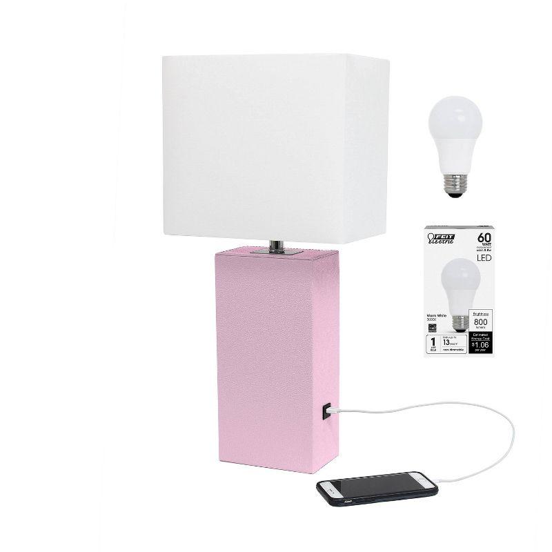 Elegant Designs 21" Modern Leather Wrapped Table Lamp with USB Port and Feit LED (Includes LED Light Bulb) Light Pink