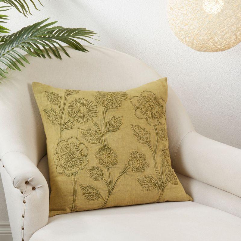 Medium Olive Embroidered Floral Square Throw Pillow