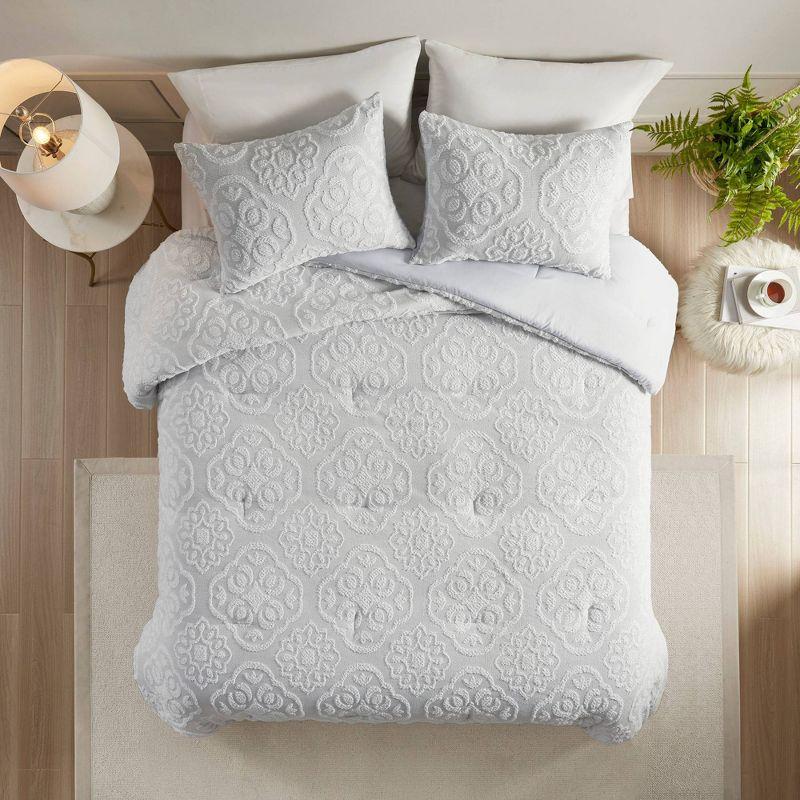 Full White Microfiber Tufted Medallion Comforter Set