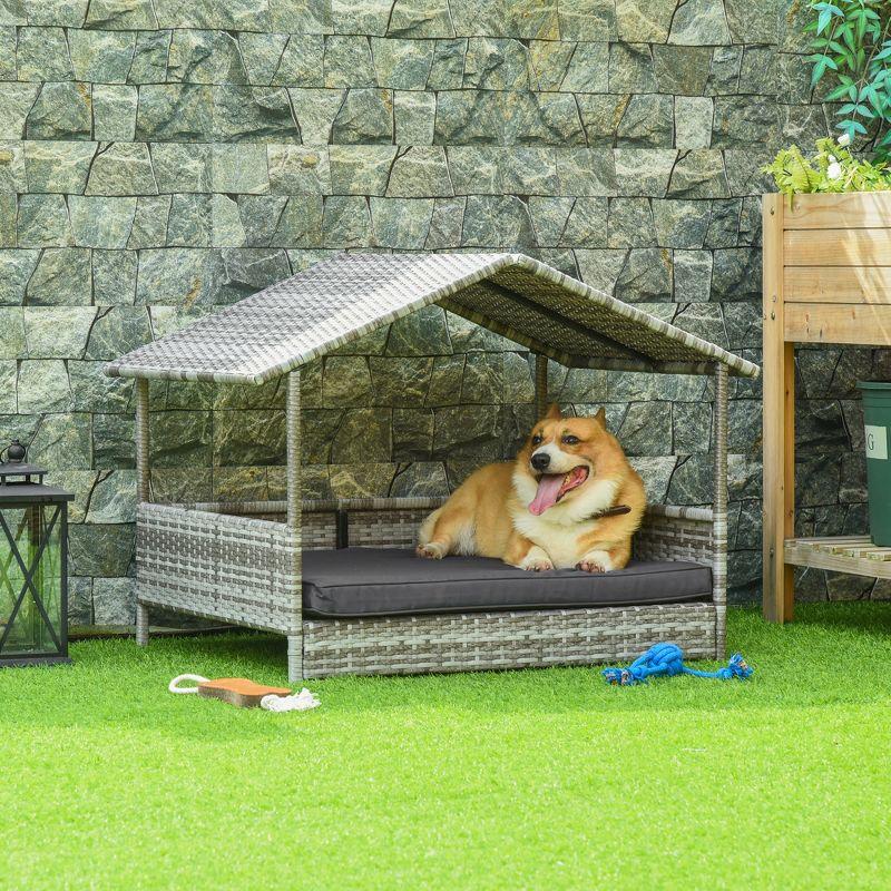 PawHut Wicker Dog House Elevated Raised Rattan Bed for Indoor/Outdoor with Removable Cushion Lounge, Charcoal Gray