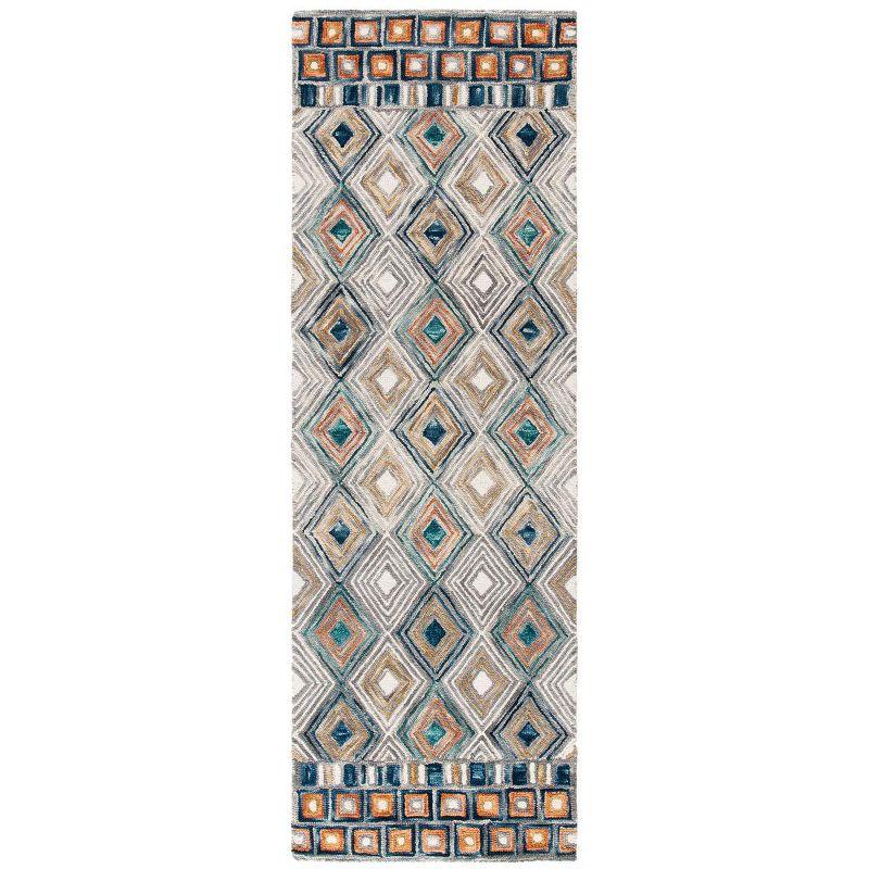 Handmade Tufted Blue Geometric Wool Runner Rug - 27"x7"