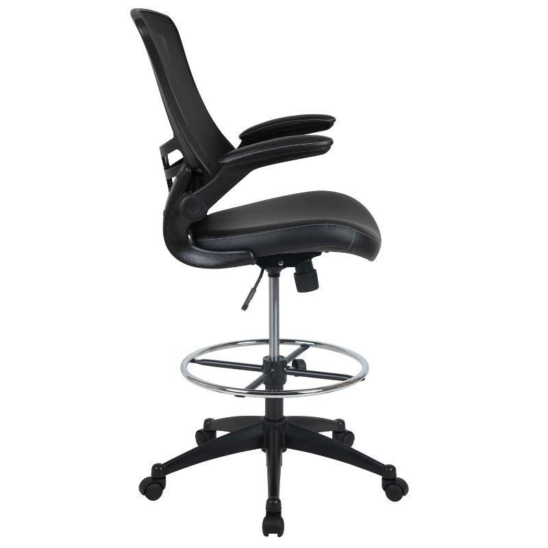 Flash Furniture Kelista Mid-Back Black Mesh Ergonomic Drafting Chair with LeatherSoft Seat, Adjustable Foot Ring and Flip-Up Arms