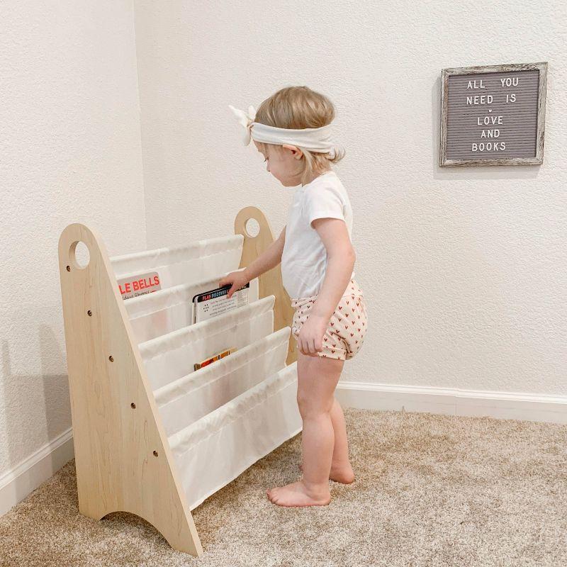 Compact White Modern Kids Sling Bookshelf with Durable Shelves