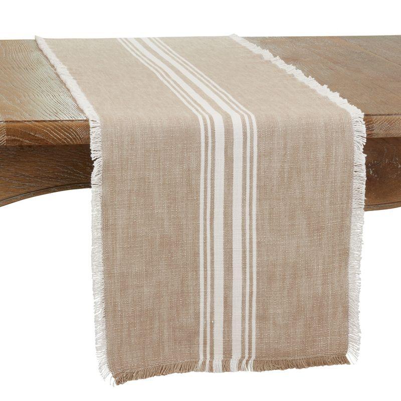 Beige Cotton Striped Fringe Table Runner, 13 x 72 inches