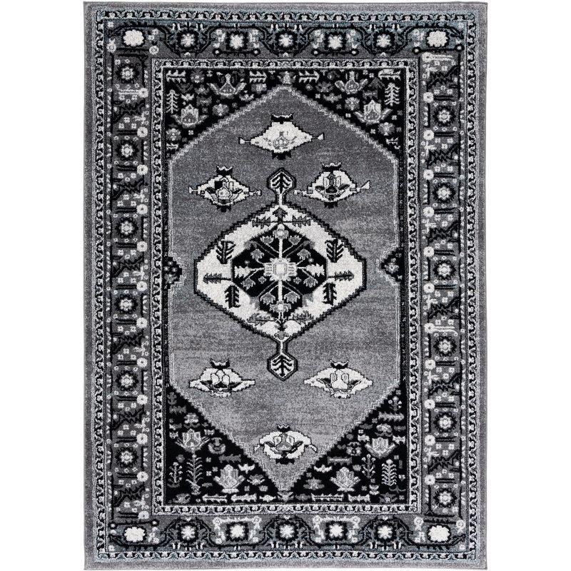 Grey and Black Hand-Knotted Oriental Rectangular Rug