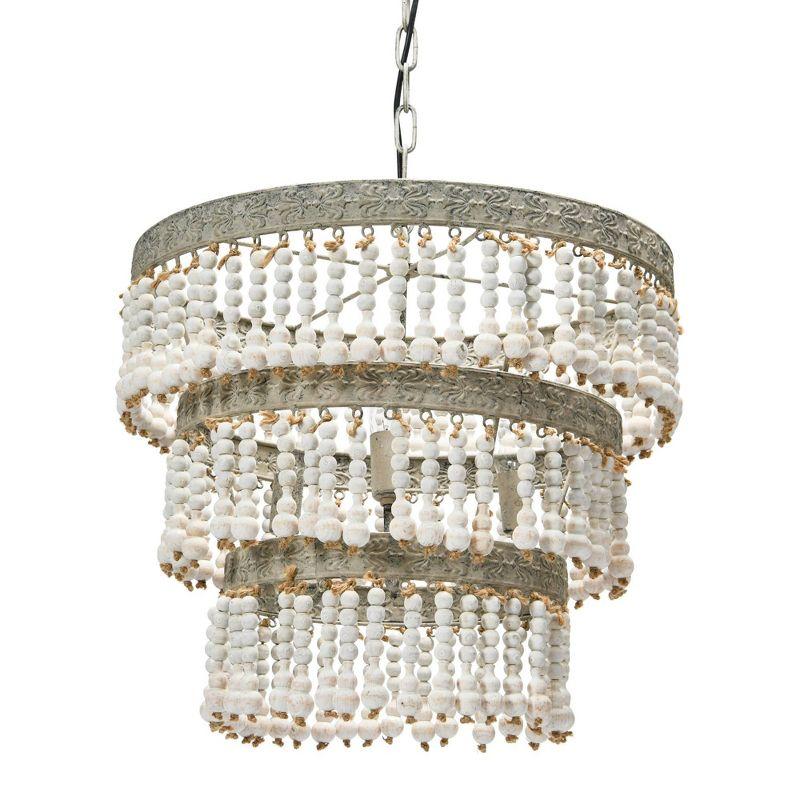 3-Tier Round Metal Chandelier with 3 Lights and Hanging Wood Beads Cream - Storied Home: Antique Bohemian Ceiling Fixture, UL Listed