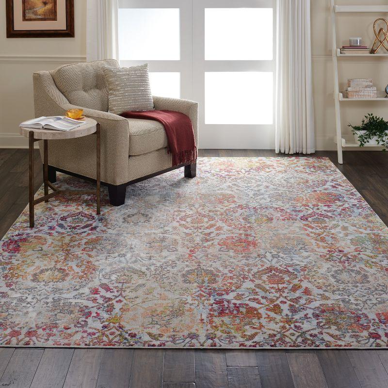 Ivory and Orange Floral Synthetic 8' x 10' Easy Care Area Rug