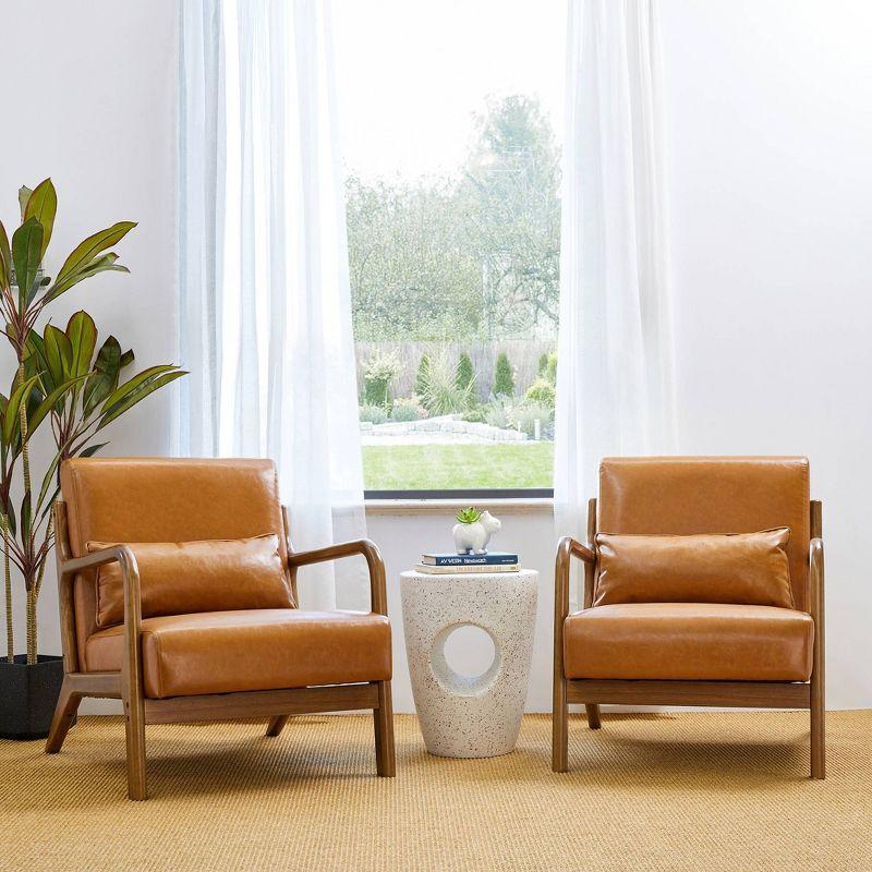 Mid-Century Modern Yellowish Brown Faux Leather Accent Chair with Walnut Wood Frame