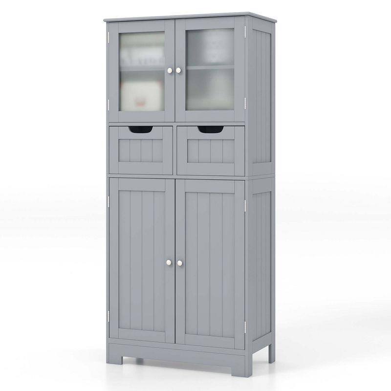 Gray MDF Floor Cabinet with Glass Doors and Adjustable Shelves