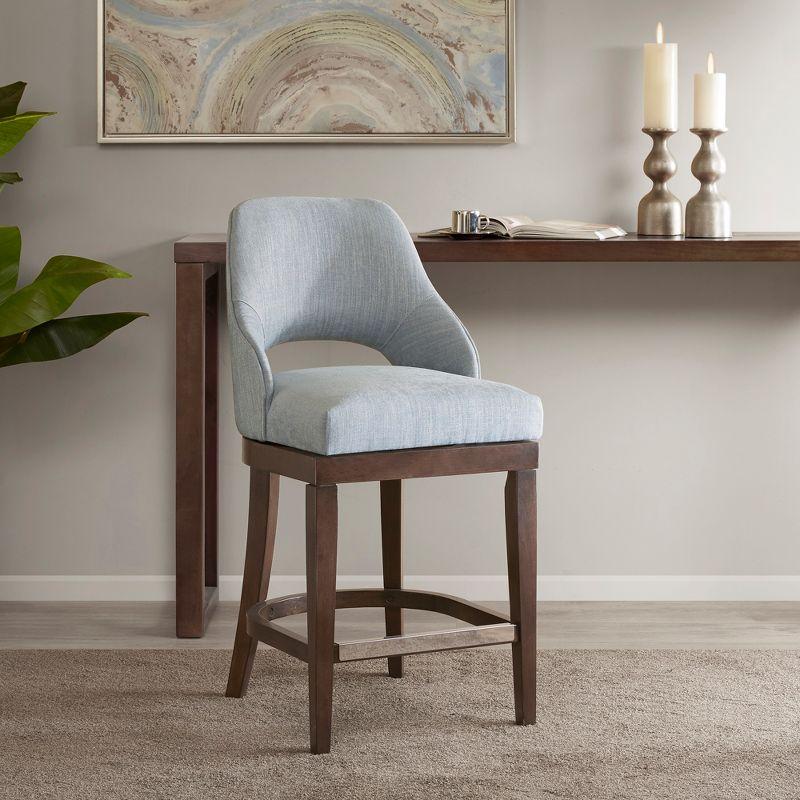 Transitional Blue Swivel Counter Stool with Silver Kick Plate