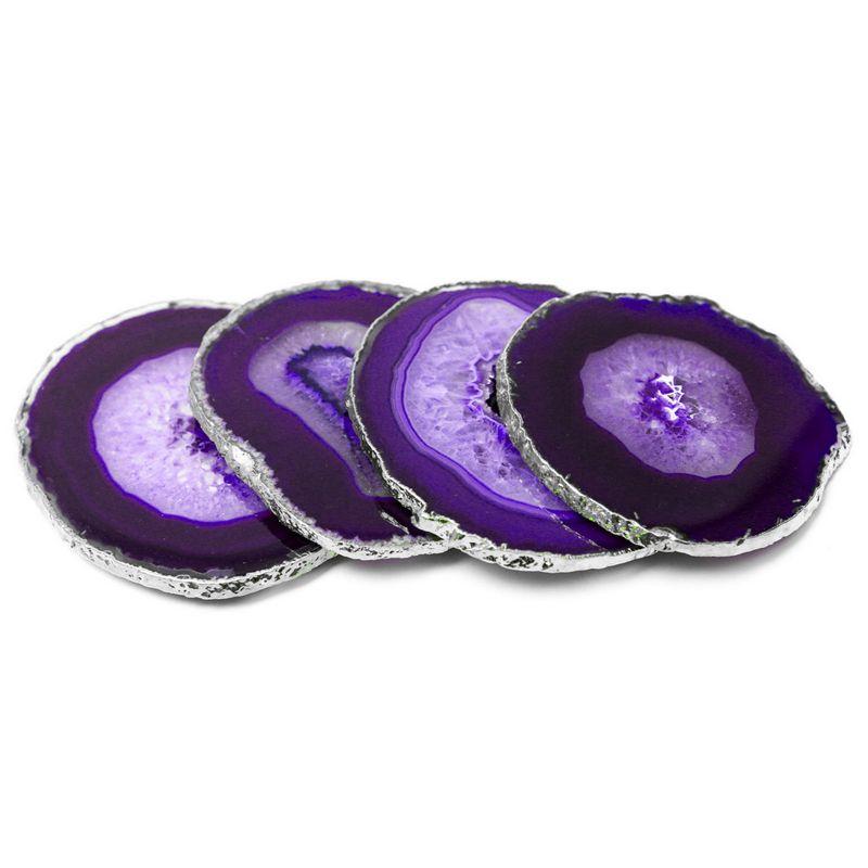 Set of 4 Purple Agate Stone Coasters with Silver Edges